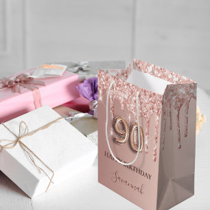 Sacola Para Presentes Média 90 de aniversário rosa dourado blush glitter nome