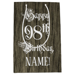 Sacola Para Presentes Média 98.o Aniversário: Rico, Faux Wood Look + Nome Per
