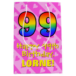 Sacola Para Presentes Média 99º Aniversário: Riscos de Corações Rosa Divertido