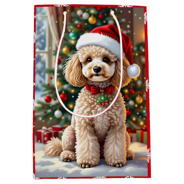 Sacola Para Presentes Média A Cute Festive Poodle Christmas   (Frente)