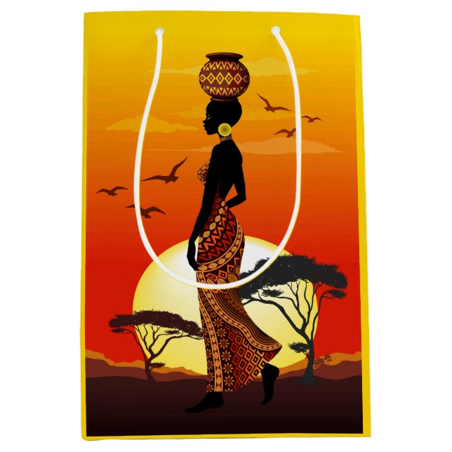 Sacola Para Presentes Média A linda mulher africana Silhouette sobre os sóis a (Frente)