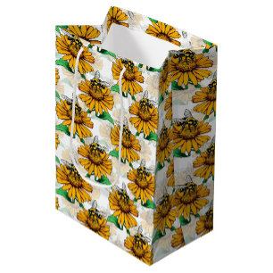 Sacola Para Presentes Média Abelha na Design de padrão de flores de girassol