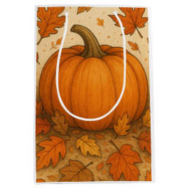 Sacola Para Presentes Média Abóbora de outono de ouro e Folhas de outono