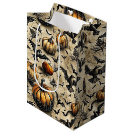 Sacola Para Presentes Média Abóboras de Halloween Vintage Morcegos Corvos Outo