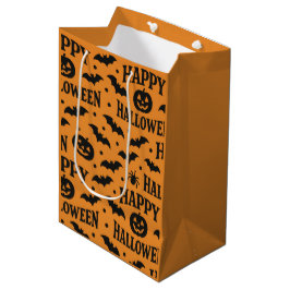 Sacola Para Presentes Média Abóboras e Morcegos Laranja e Pretos de Halloween