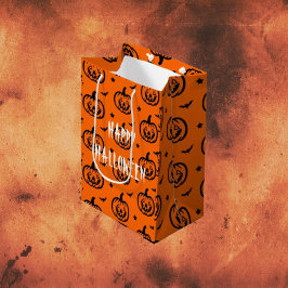 Sacola Para Presentes Média Abóboras Laranja/Preta Feliz Halloween