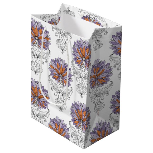 Sacola Para Presentes Média Abstract Doodle Art Style Flowers Purple Orange (Frente inclinada)