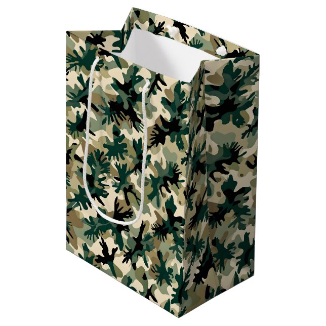Sacola Para Presentes Média Abstract Woodland Camouflage Pattern Green and Tan (Frente inclinada)