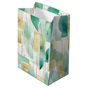 Sacola Para Presentes Média Abstrato branco Dourado verde