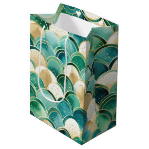 Sacola Para Presentes Média Abstrato branco Dourado verde