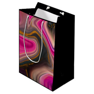 Sacola Para Presentes Média Abstrato cor-de-rosa e preto com espirais Dourados