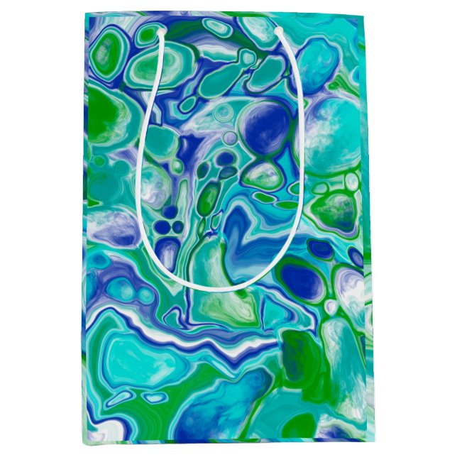 Sacola Para Presentes Média Abstrato de Arte Fluida Marble Azul e Verde (Frente)