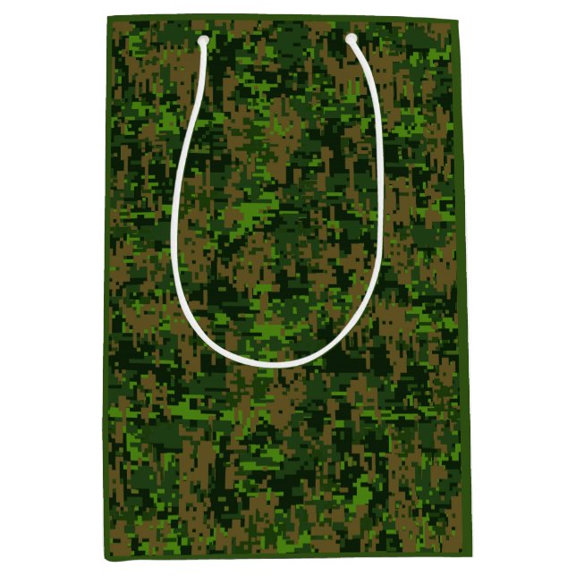 Sacola Para Presentes Média Acento de Camuflagem Verde Digital Estilo Woodland (Frente)