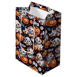 Sacola Para Presentes Média Adorable Watercolor Halloween Puppy & Pumpkins