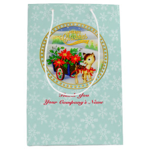 Sacola Para Presentes Média Adorável Carrinho de Flores e Rena de Natal Vintag