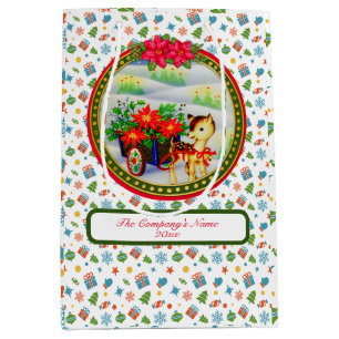 Sacola Para Presentes Média Adorável Carrinho de Flores e Rena de Natal Vintag