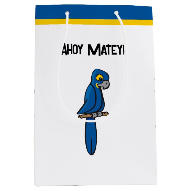 Sacola Para Presentes Média Ahoy Matey Pirate Parrot Cartoon, Funny Macaw Bird (Frente)
