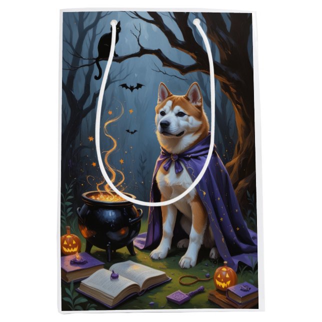Sacola Para Presentes Média Akita Dog Whimsic Halloween Painting (Frente)