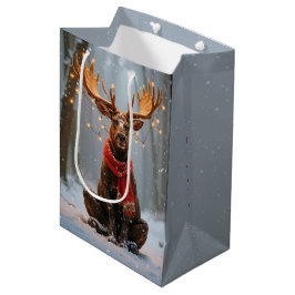 Sacola Para Presentes Média Alce de Natal Com Luzes de Feriado