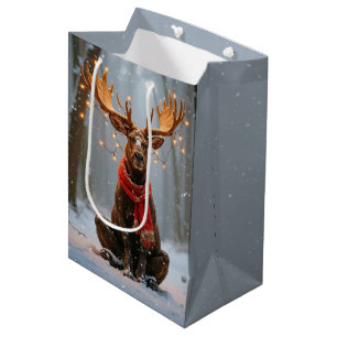 Sacola Para Presentes Média Alce de Natal Com Luzes de Feriado