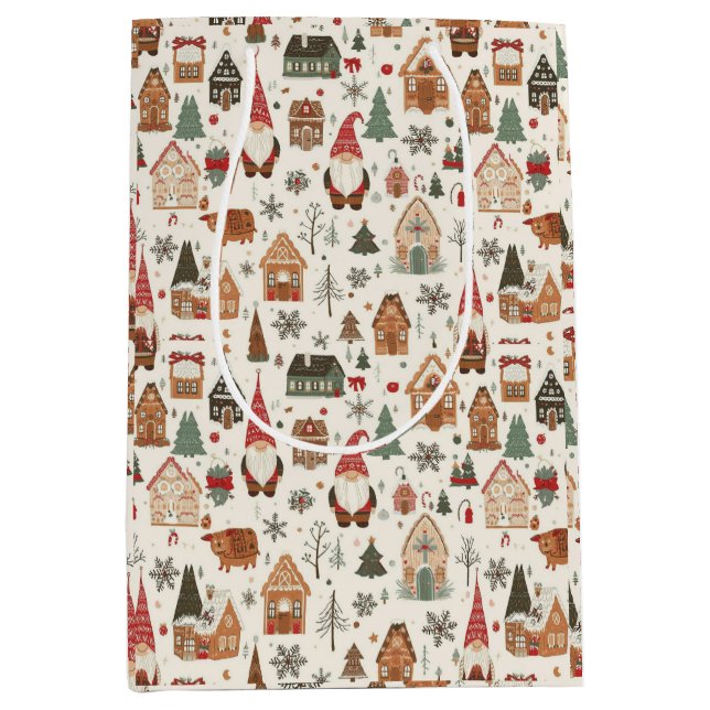 Sacola Para Presentes Média Aldeia dos Gnomos Nórdicos e Gengibre (Frente)