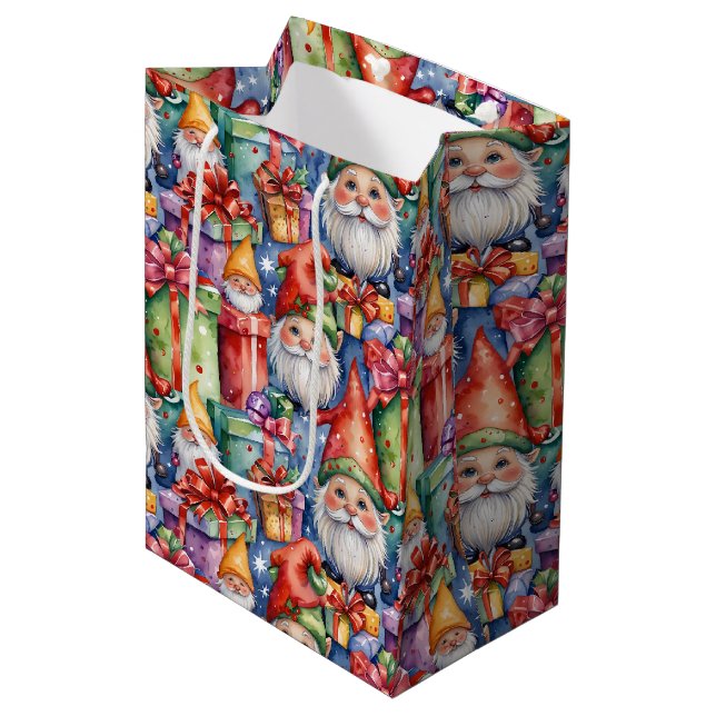 Sacola Para Presentes Média Alegres Gnomos e Presentes de Natal em Aquarela (Frente inclinada)