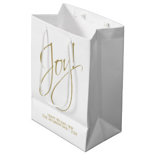 Sacola Para Presentes Média Alegria! Feriado Elegante Branco e Dourado minimal