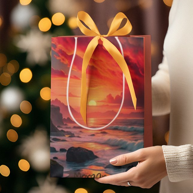 Sacola Para Presentes Média Alfery Fiery Sunset Coastline - Clipes Oceanos (Criador carregado)