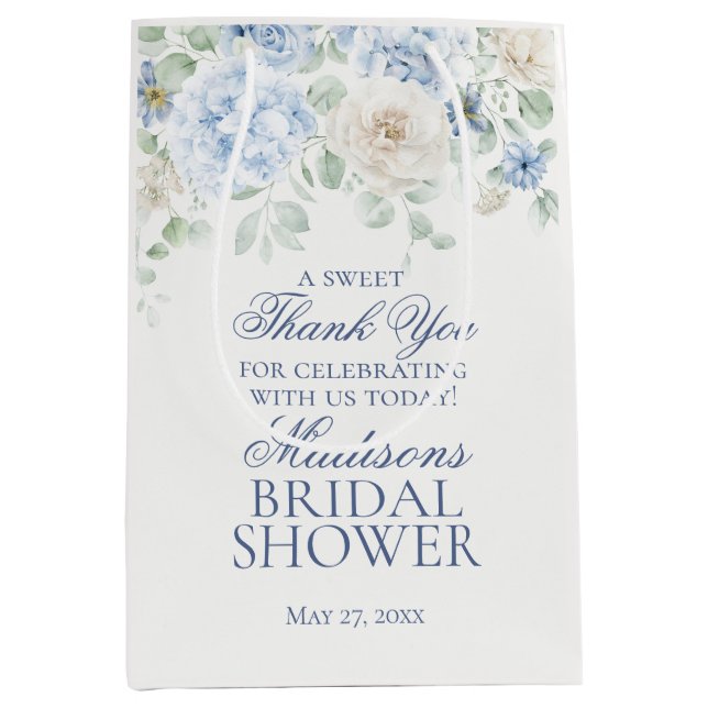 Sacola Para Presentes Média Algo Azul Floral Hydrangea Favor do Chá Bride (Frente)