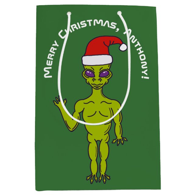 Sacola Para Presentes Média Alienígena espacial num Natal Personalizado (Frente)