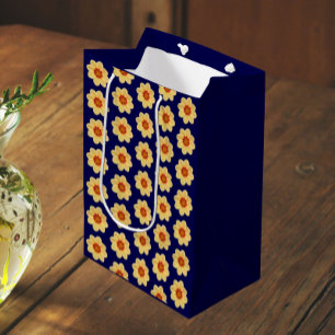 Sacola Para Presentes Média Amarelo Dahlia sobre padrão floral azul