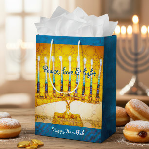 Sacola Para Presentes Média Amarelo Dourado Hanukkah Menorah Paz Amor Negrito