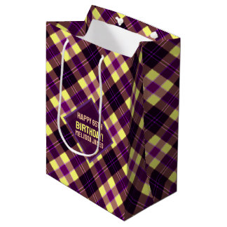 Sacola Para Presentes Média Amarelo Roxo Marrom Moderno Xadrez Escocês Persona