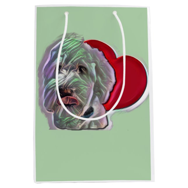 Sacola Para Presentes Média Ame Povoodle White Goldendoodle com Coração (Frente)