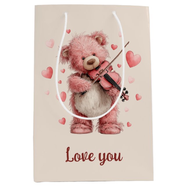 Sacola Para Presentes Média Amo Você Teddy com Violino (Frente)