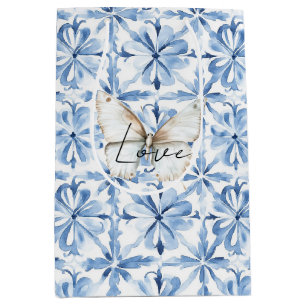 Sacola Para Presentes Média Amor de Borboleta Floral Azul