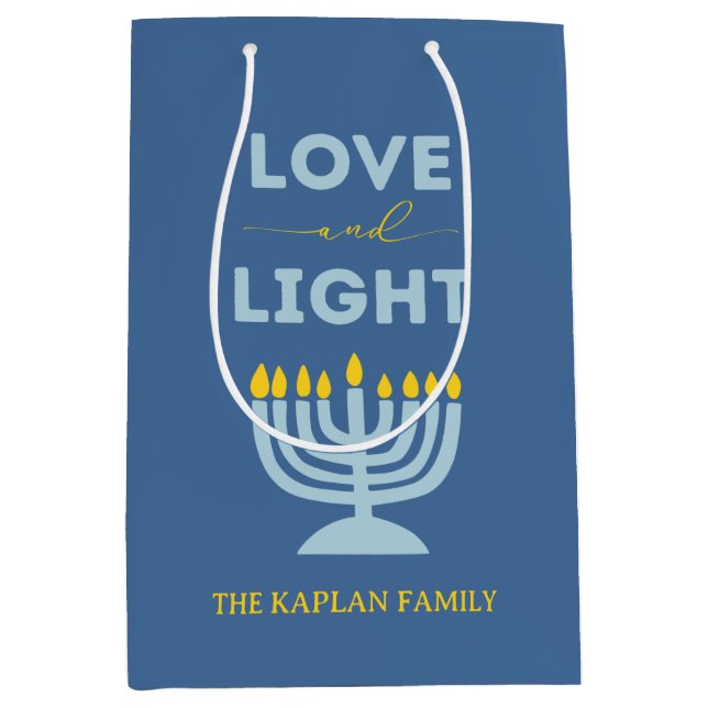 Sacola Para Presentes Média "Amor e Luz" Menorah personalizou Chanucá (Frente)