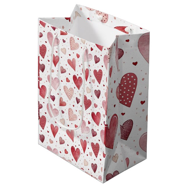 Sacola Para Presentes Média Amor em Aquarela - Padrão Cardíaco Whimsical (Frente inclinada)