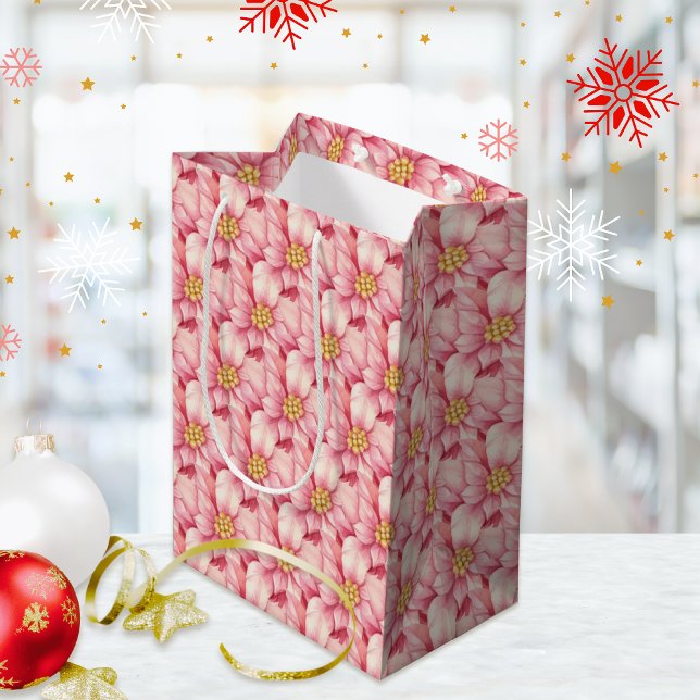 Sacola Para Presentes Média Amor Joy Pink Poinsettia Natal (Criador carregado)