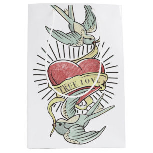 Sacola Para Presentes Média Amor verdadeiro   Vintage Tattoo Birds with Heart