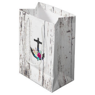 Sacola Para Presentes Média Âncora de Praia Rústica & Floral Ousado Verão Náut