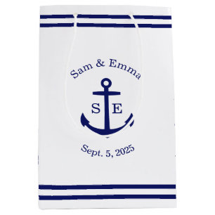 Sacola Para Presentes Média Âncora Náutica Personalizada (branco e azul)