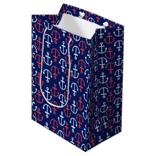 Sacola Para Presentes Média Ancoragem Náutica, Padrões Branco e Vermelho Coral