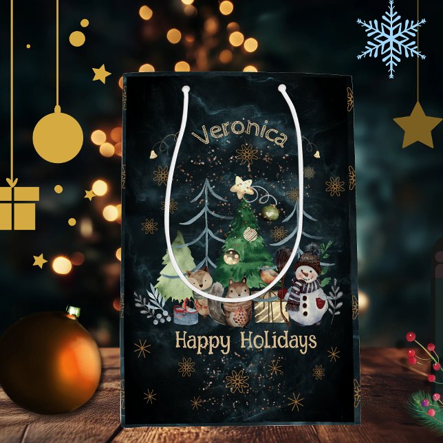 Sacola Para Presentes Média Animais da Floresta Azul de Natal (Woodland Animals Christmas Teal Blue Medium Gift Bag)
