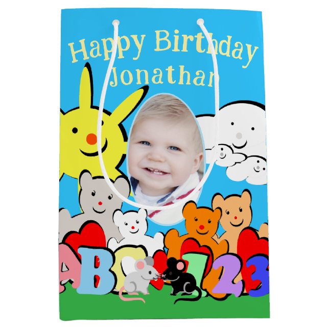 Sacola Para Presentes Média Animais Fofos Divertidos Personalizados Aniversári (Frente)