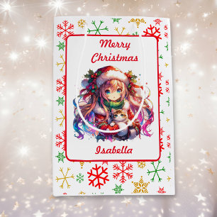 Sacola Para Presentes Média Anime Girl in Santa Hat Watercolor Christmas