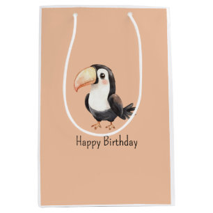 Sacola Para Presentes Média Aniversário Animal Pássaro Tucano Pêssego