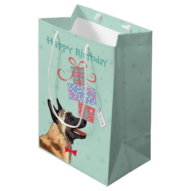 Sacola Para Presentes Média Aniversário Apresenta Malinois (Frente inclinada)