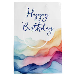 Sacola Para Presentes Média Aniversário Aquarela Ondas Arco-Íris