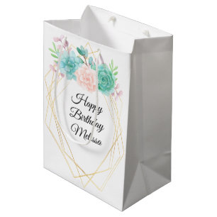 Sacola Para Presentes Média Aniversário cor-de-rosa & verde moderno dos